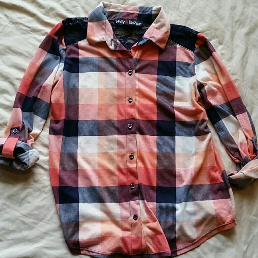 Plaid and lace button down shirt